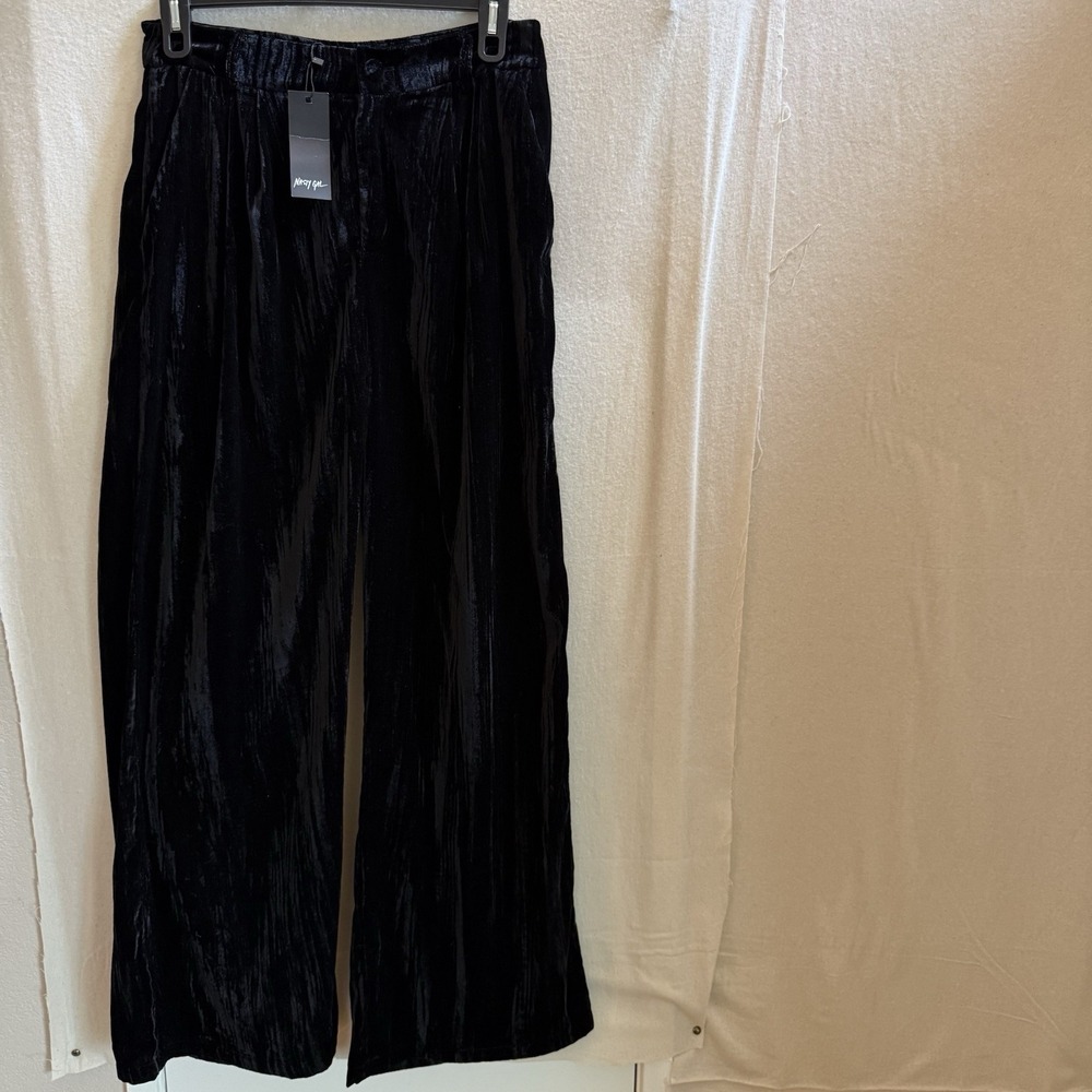 Nasty Gal Crushed Velvet Wide Leg Pants Size 10 Black High Rise Party-NWT
